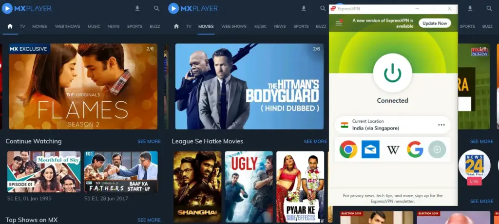 I could watch MX Player in the USA with ExpressVPN