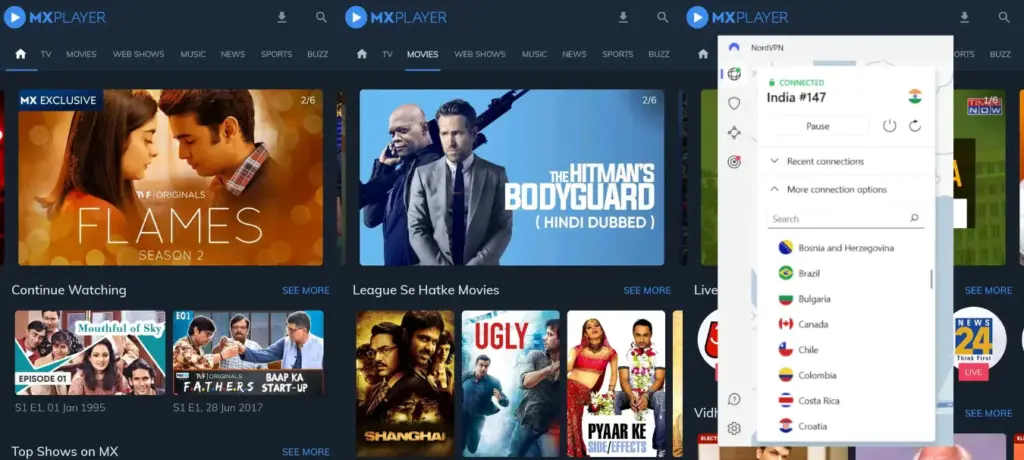 I could watch MX Player in the USA with NordVPN